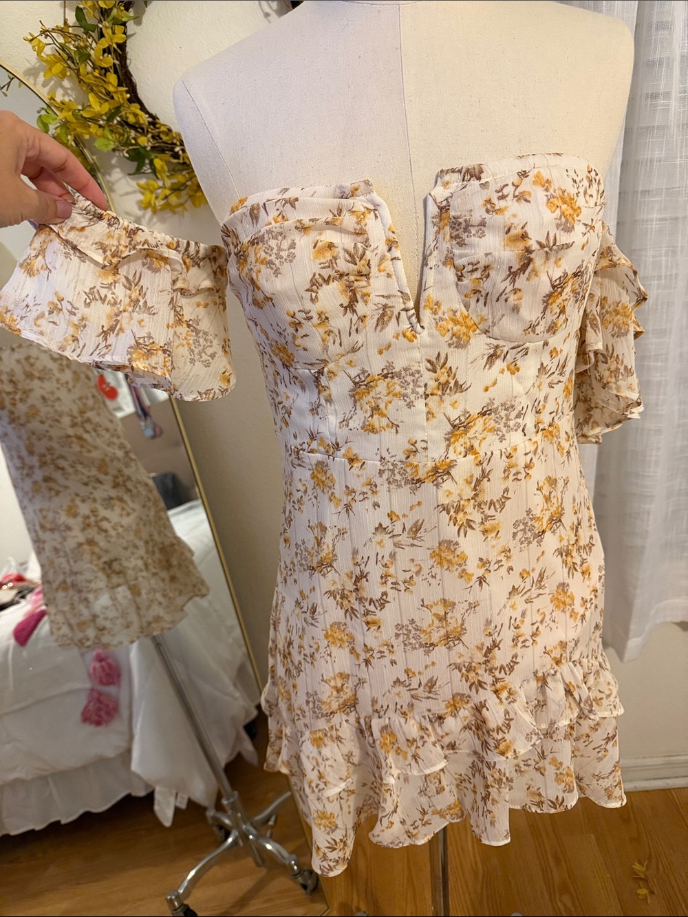 Cider Cream Floral Off-Shoulder Mini Dress with Yellow Blooms